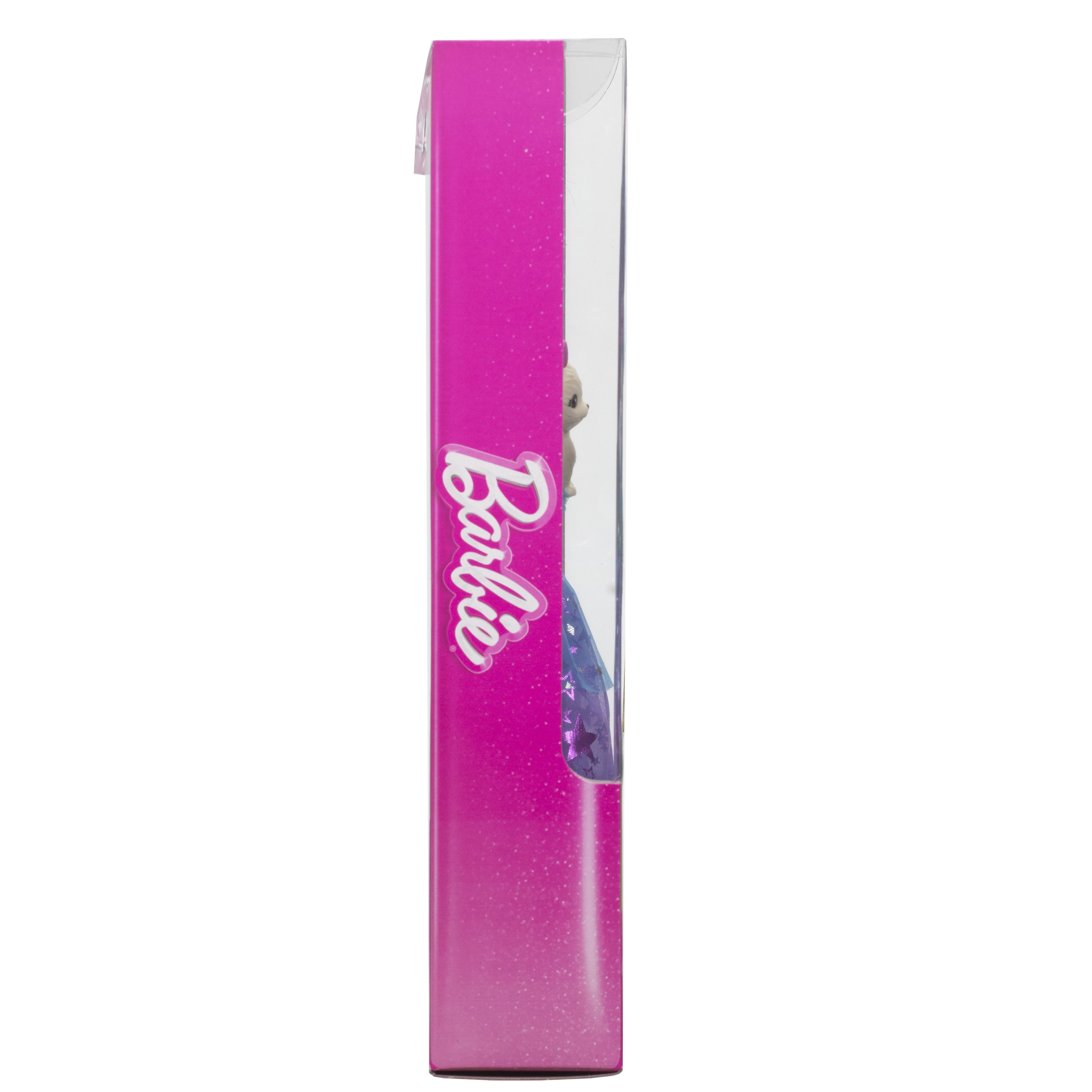 Seitenansicht einer pinken Barbie-Spielzeugverpackung mit dem Barbie-Logo.