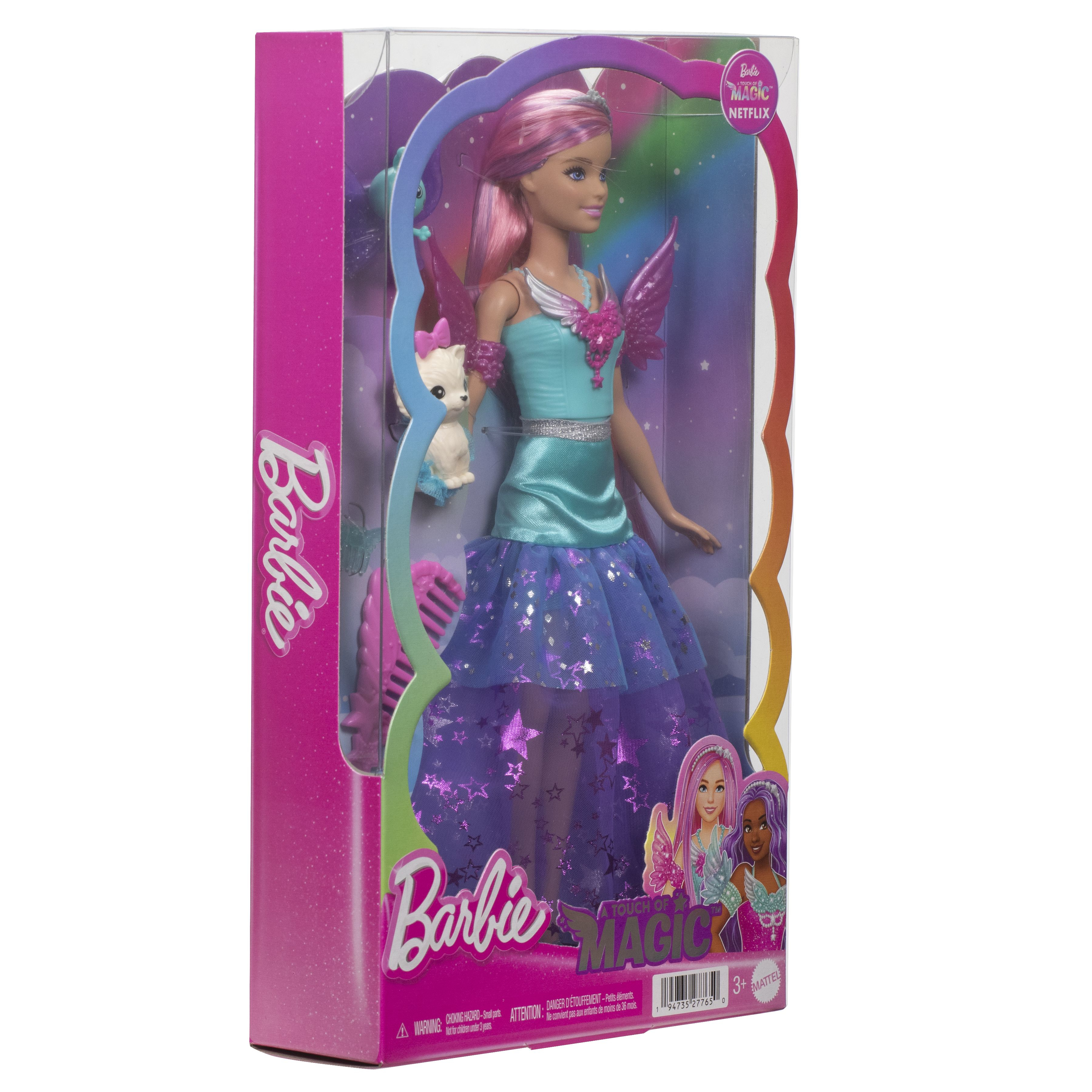 Eine Barbie-Puppe mit rosa Haaren und glitzerndem blau-lila Kleid in ihrer Originalverpackung.