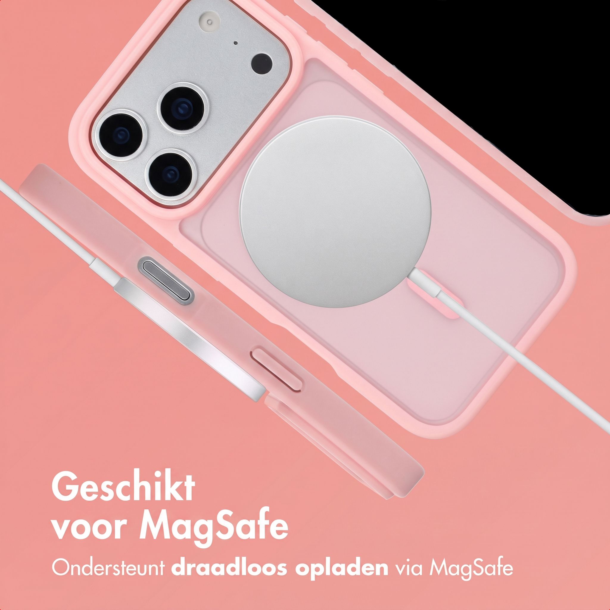 Coque de smartphone rose avec chargeur MagSafe et triple appareil photo sur fond corail.