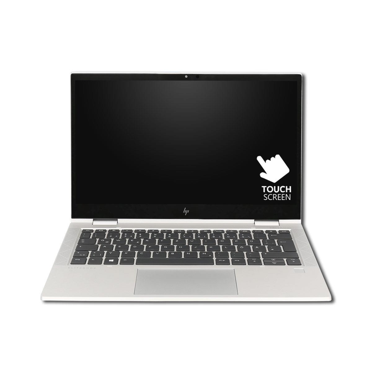 Silberner Laptop mit schwarzer Tastatur und einem Touchscreen-Symbol auf dem schwarzen Bildschirm.