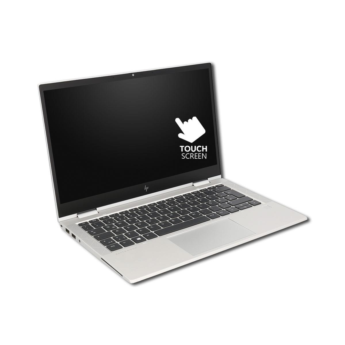 Ein silberner Laptop mit einem schwarzen Bildschirm und einem Touchscreen-Symbol steht auf einem weißen Hintergrund.