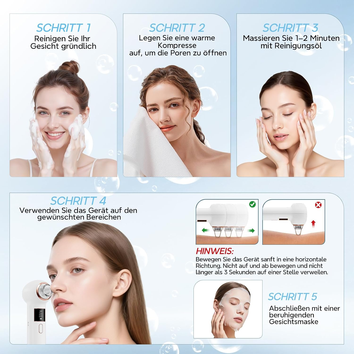 Fünfschritt-Anleitung für die Gesichtsreinigung mit einem elektrischen Porenreinigungsgerät und einer Maske.