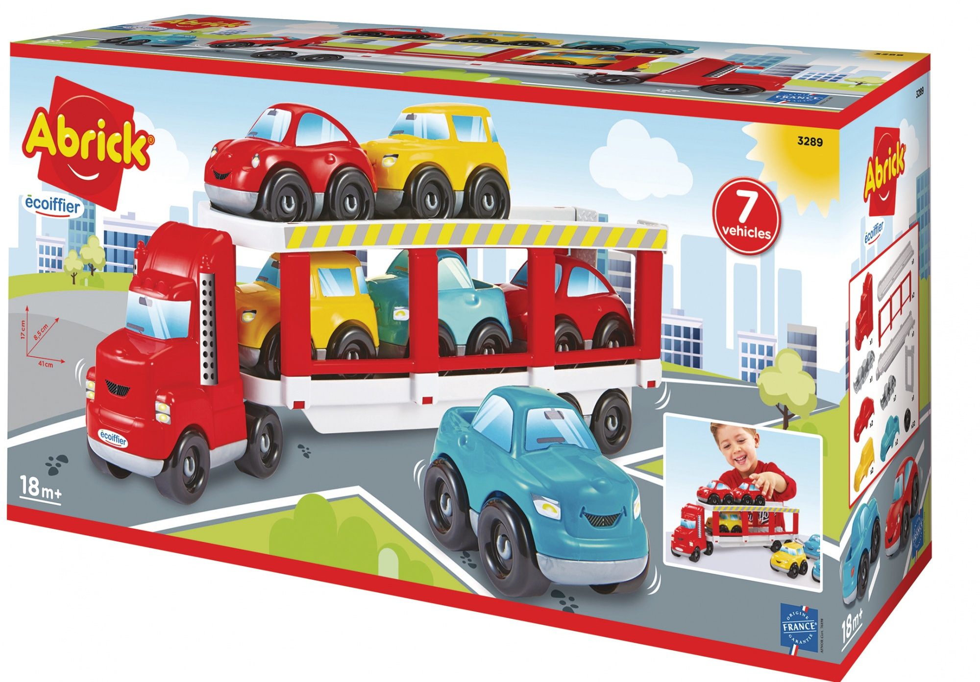 Spielzeug-Autotransporter von Abrick mit roten und gelben Autos, im Karton.