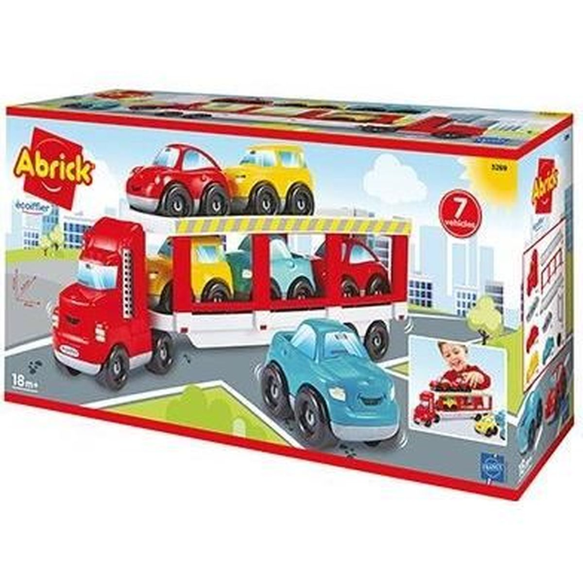 Ein bunter Autotransporter-Spielzeuglastwagen mit mehreren kleinen Autos auf der Produktverpackung.