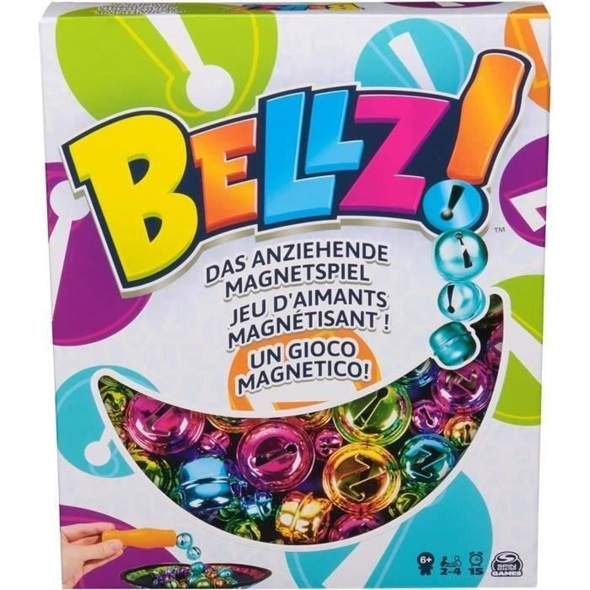 Verpackung des Magnetspiels Belz mit bunten Glocken und großem bunten Logo auf weißem Hintergrund.