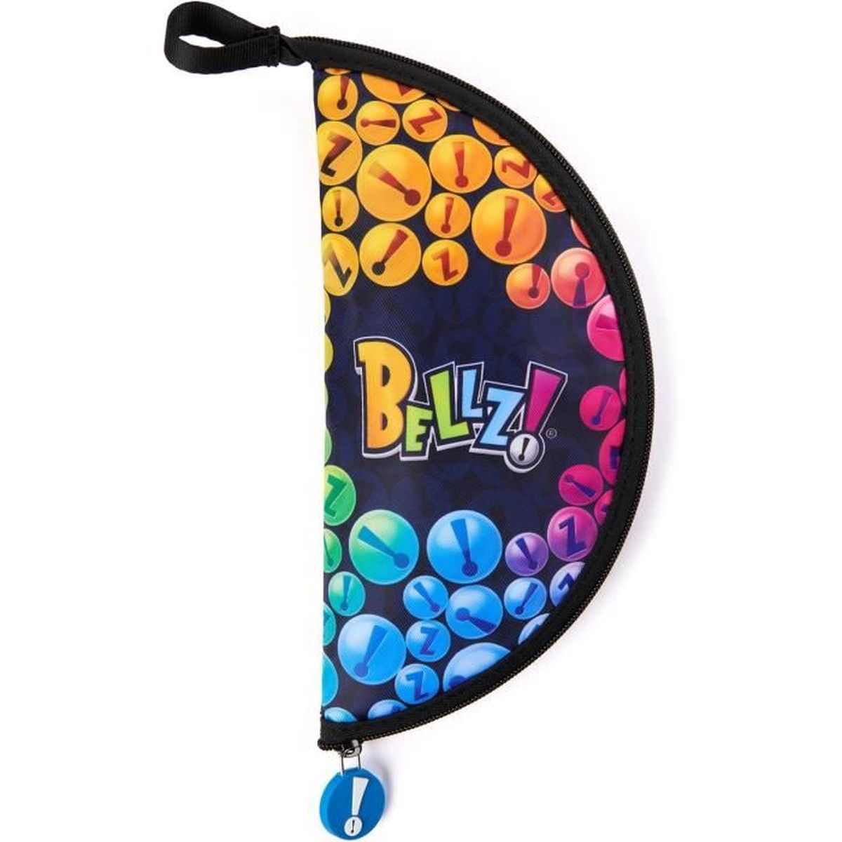 Ein halbmondförmiges schwarzes Etui mit buntem Ausrufezeichen-Muster und Bellz!-Logo auf weißem Hintergrund.