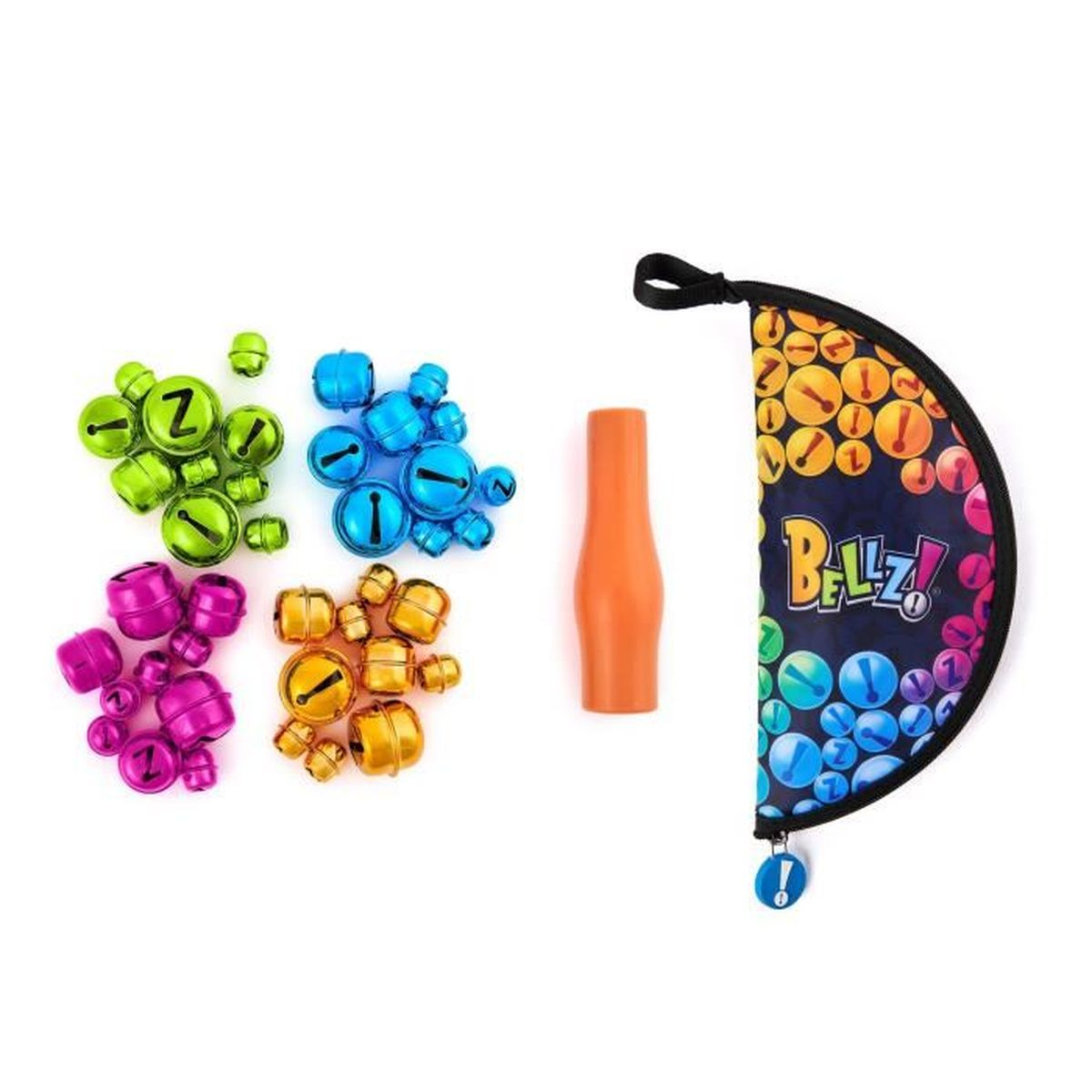 Buntes Bellz-Spielset mit vierfarbigen Glocken, Zauberstab und Reißverschlussetui auf weißem Grund.