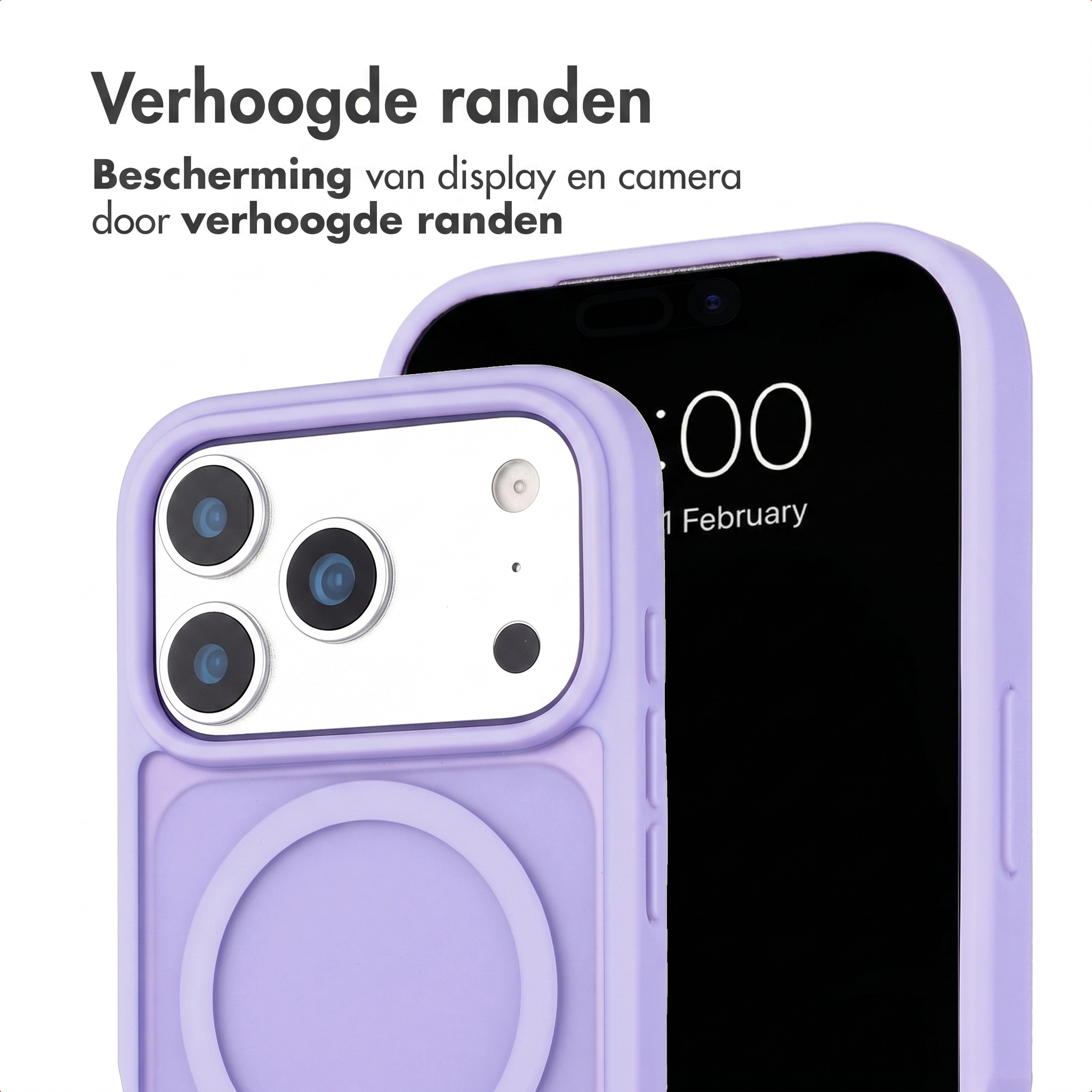 Zwei hellviolette Handyhüllen mit erhöhten Kanten zum Schutz von Display und Kamera, mit niederländischem Text.