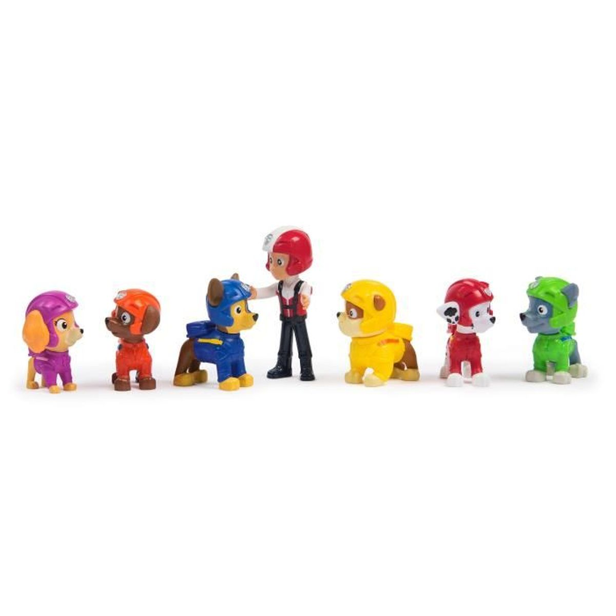 PAW-Patrol-Actionfiguren stehen auf weißem Hintergrund in einer Reihe, darunter Welpen und Ryder.