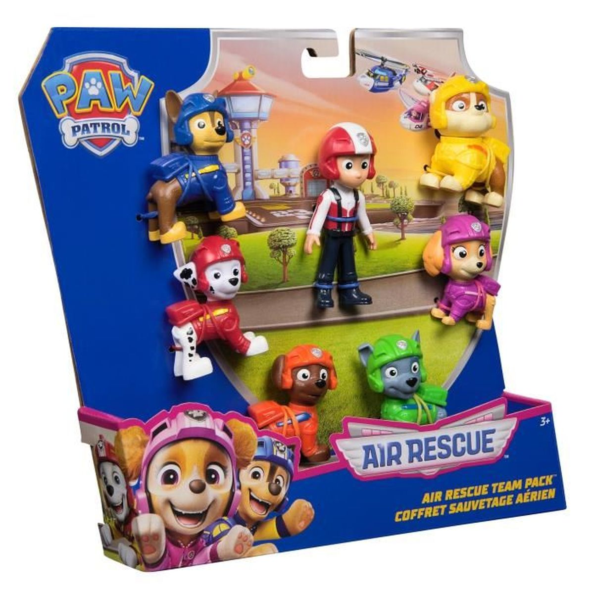 Paw Patrol Air Rescue Team Set mit Figuren von Chase, Ryder, Marshall, Rubble, Zuma und Rocky in der Verpackung.
