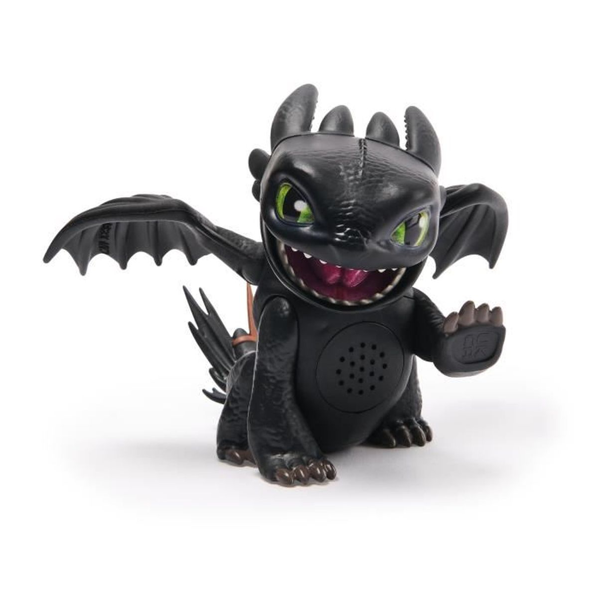 Schwarze Drachenfigur mit grünen Augen, offenem Mund und ausgebreiteten Flügeln vor weißem Hintergrund.