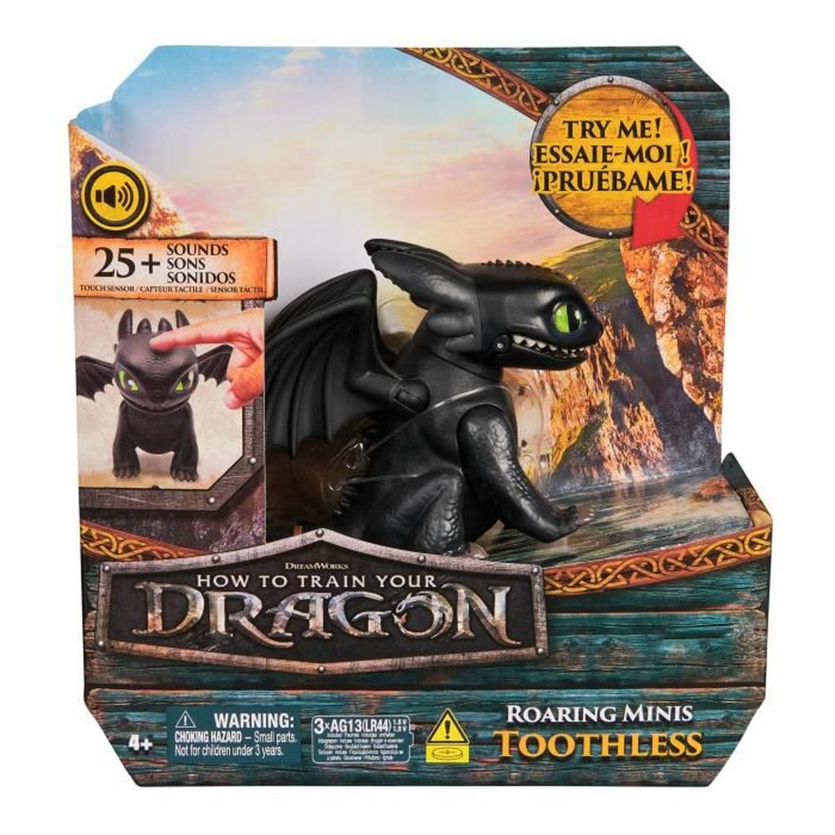 Verpackung der Zahnein-Drachenfigur mit Aufschrift 'How to Train Your Dragon' und 'Roaring Minis'.