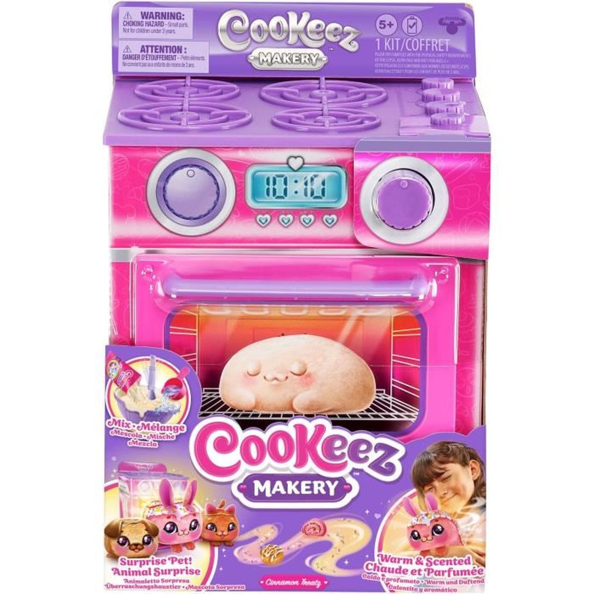 Verpackung eines rosa Spielzeugofens namens Cookeez Makery mit Plüschfigur.