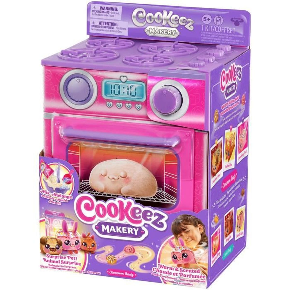 Cookeez Makery Spielzeug-Ofen in Pink und Lila mit einer Plüschfigur im Inneren.