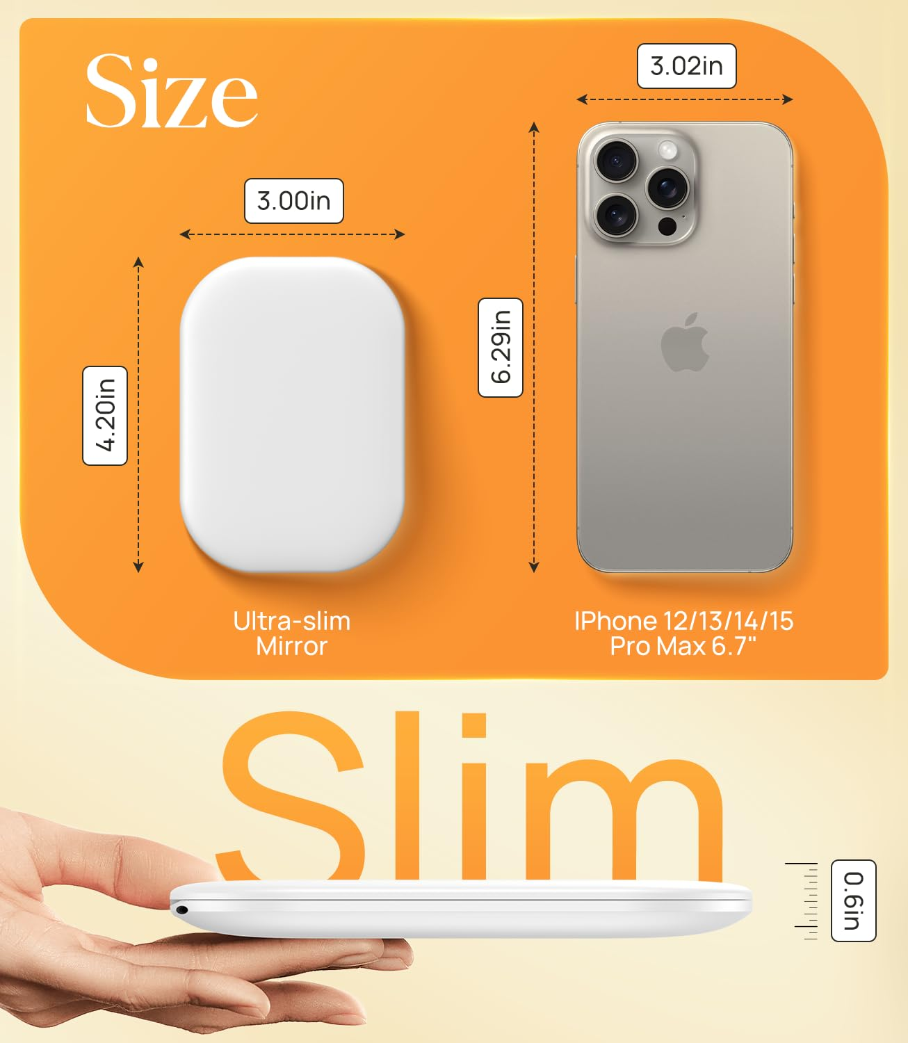 Größenvergleich eines ultraschmalen weißen Spiegels neben einem iPhone Pro Max mit Maßen.