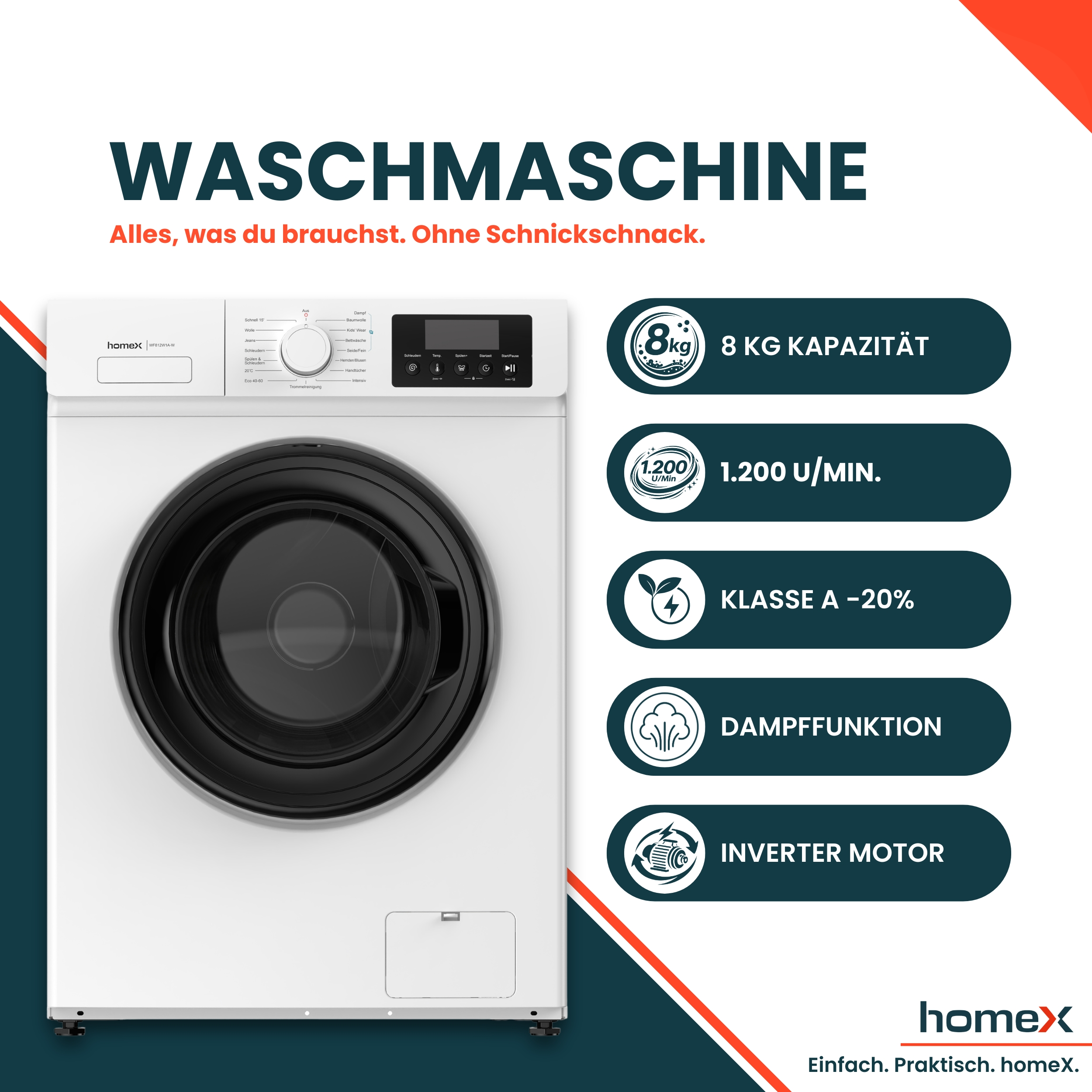Werbebild einer weißen Homex Waschmaschine mit 8kg Kapazität, Inverter Motor und Dampffunktion.