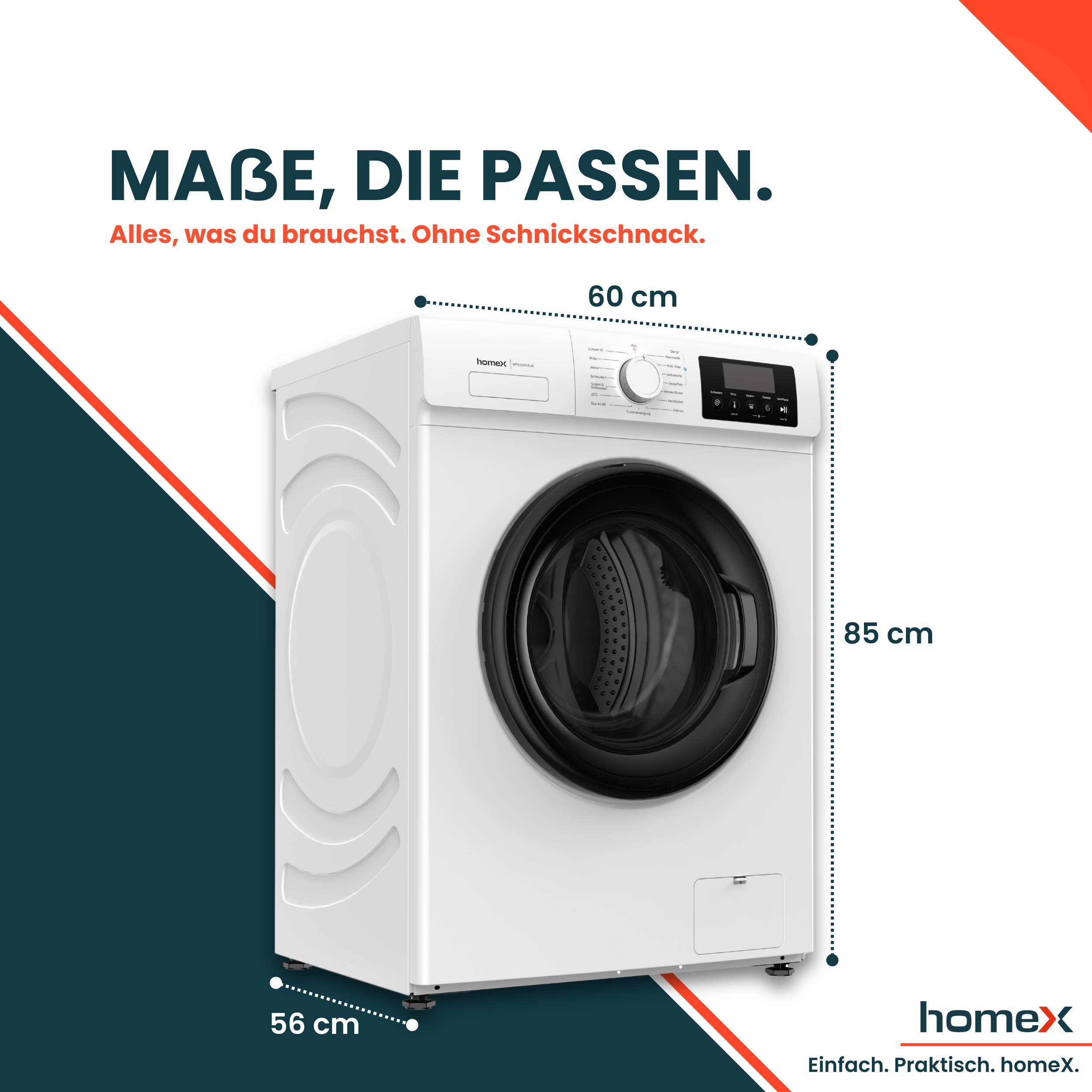 Weiße Homex Waschmaschine mit Maßen: 60 cm Breite, 85 cm Höhe, 56 cm Tiefe.