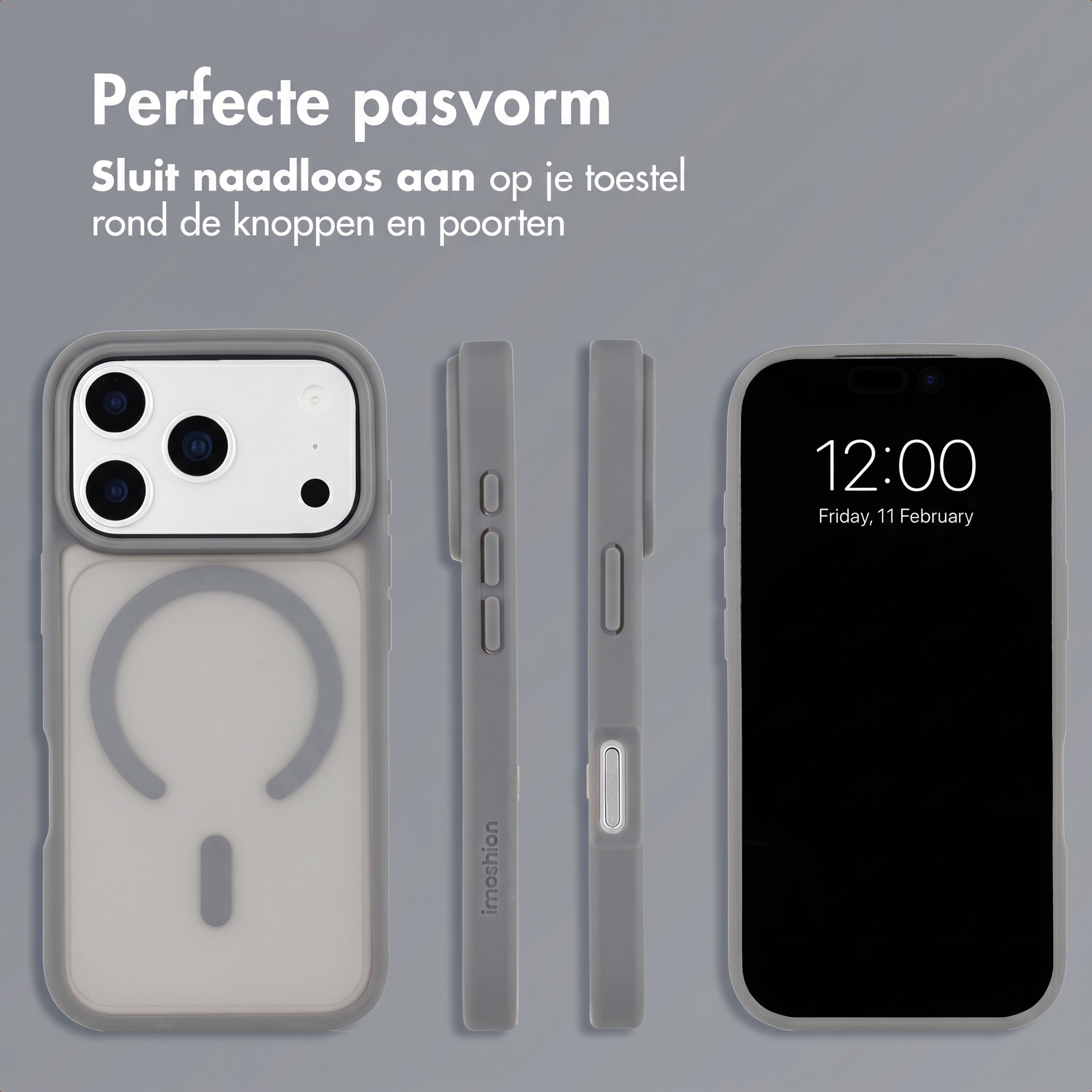 Graue Schutzhülle für ein Smartphone mit MagSafe, verschiedenen Seitenansichten und dem beleuchteten Display vorne.