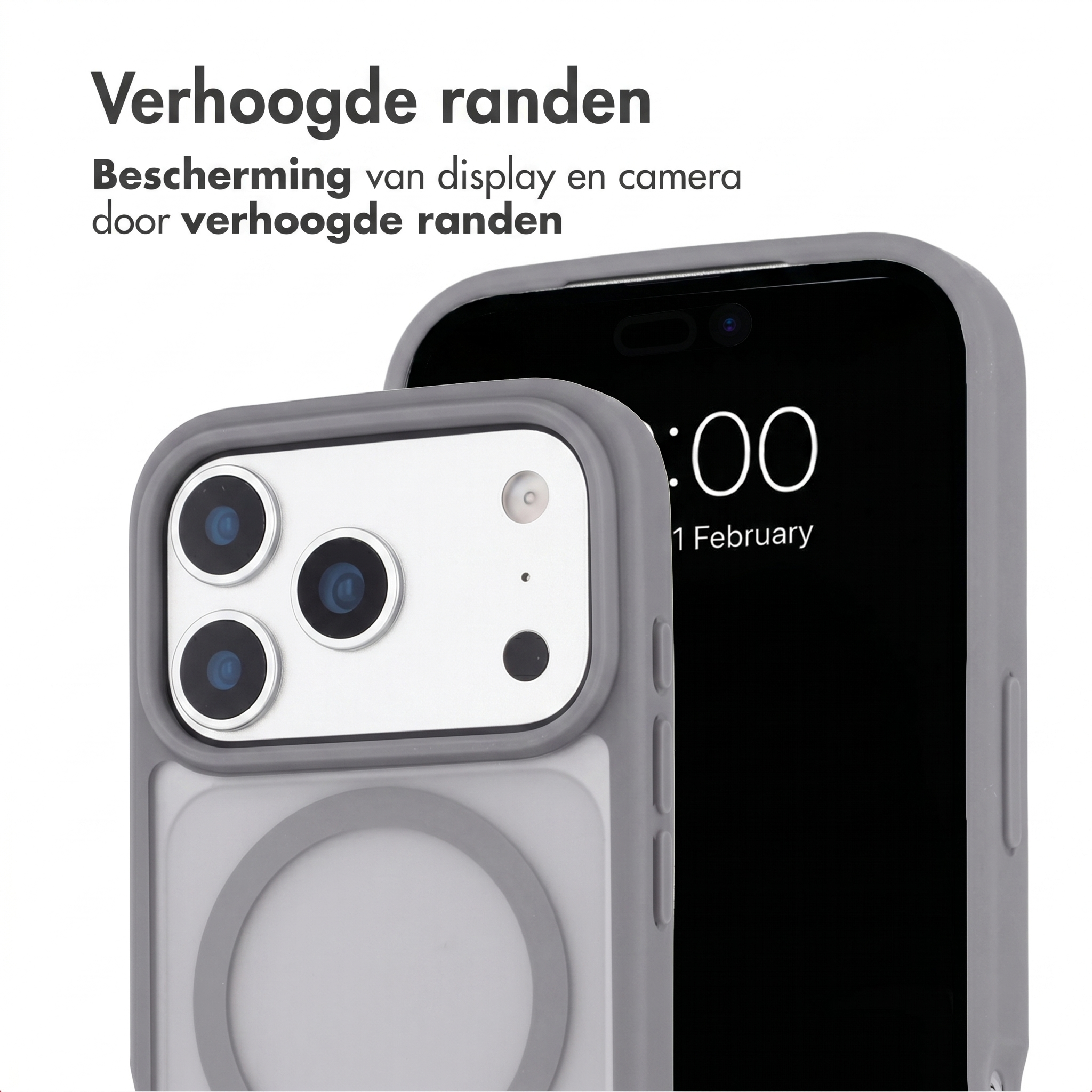 Zwei Smartphones mit grauen Hüllen zeigen erhöhte Ränder für Display- und Kameraschutz.
