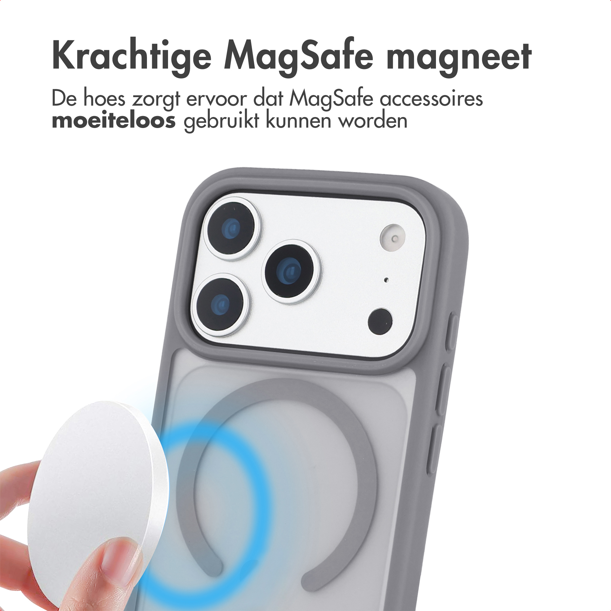 Handyhülle mit starkem MagSafe-Magneten und einem runden Ring auf der Rückseite.