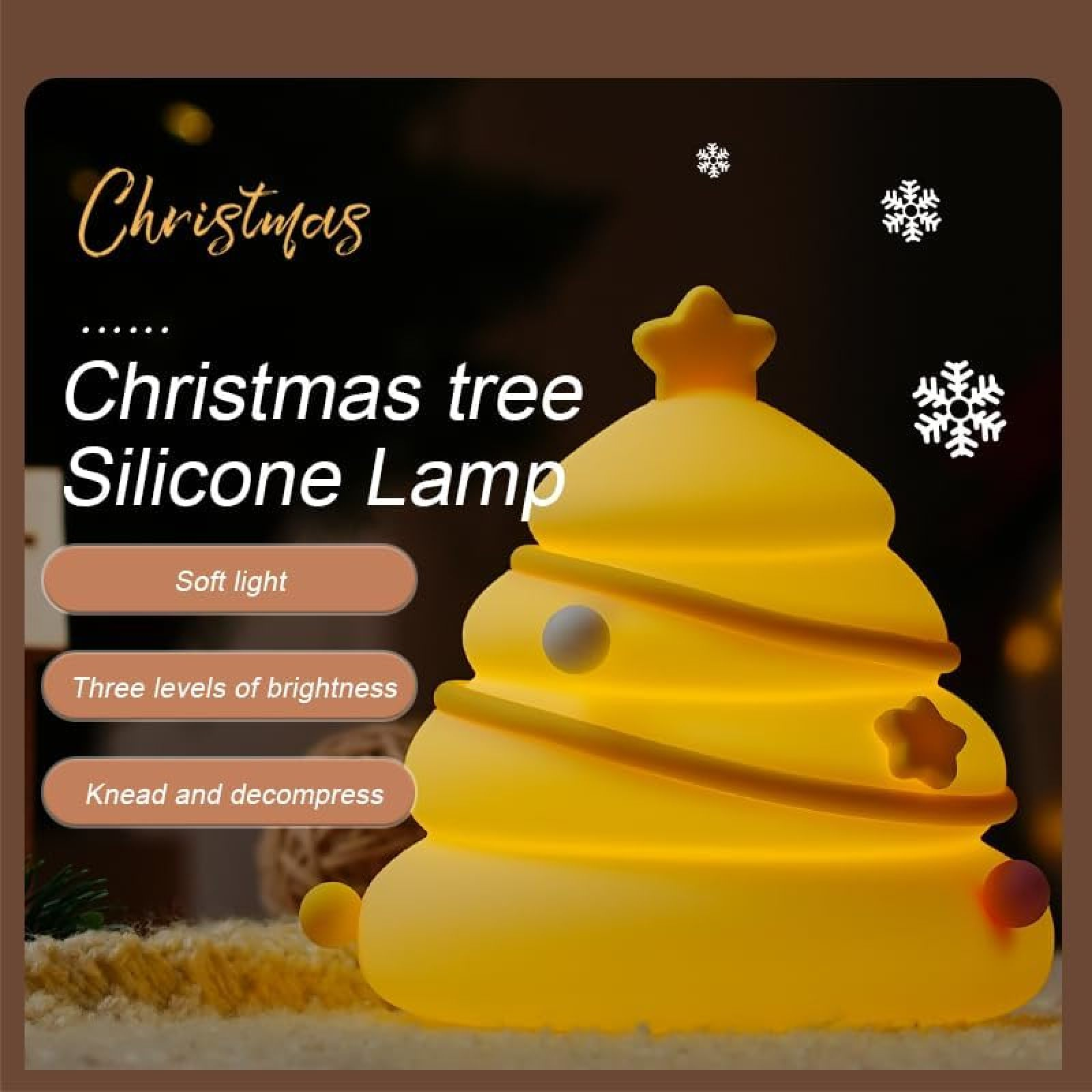 Eine gelbe, weihnachtsbaumförmige Silikonlampe mit Texten zu Funktionen wie Wechsellicht und drei Helligkeitsstufen.