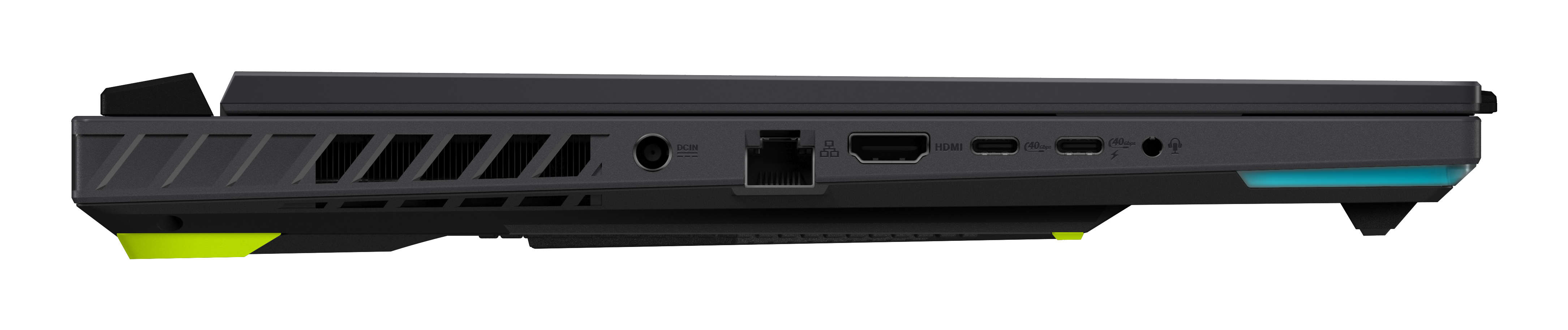 Seitenansicht eines schwarzen Laptops mit Anschlüssen wie DC-In, Ethernet, HDMI, USB-C und Audio sowie Belüftung.