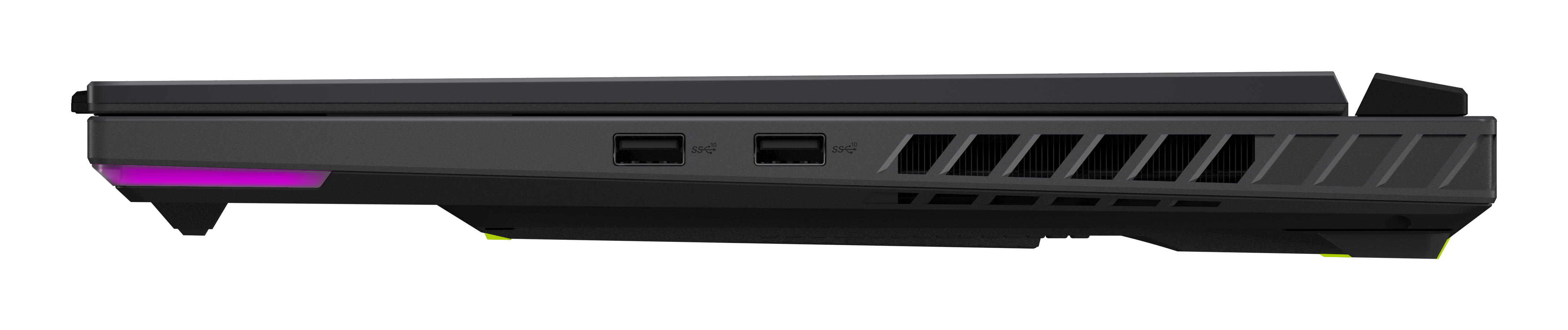 Seitenansicht eines schwarzen Laptops mit zwei USB-Anschlüssen, Lüftungsschlitzen und einer violetten LED-Leiste.