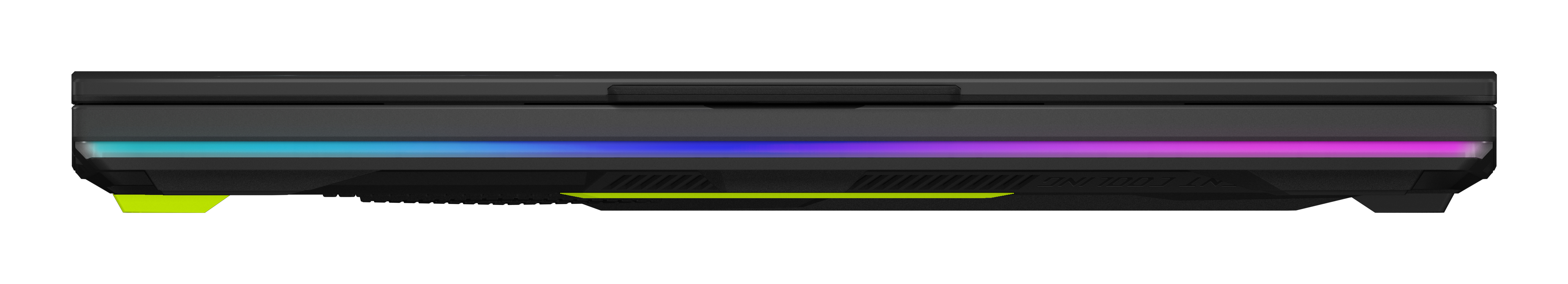 Vorderansicht eines geschlossenen schwarzen Laptops mit einem leuchtenden RGB-Leuchtstreifen.