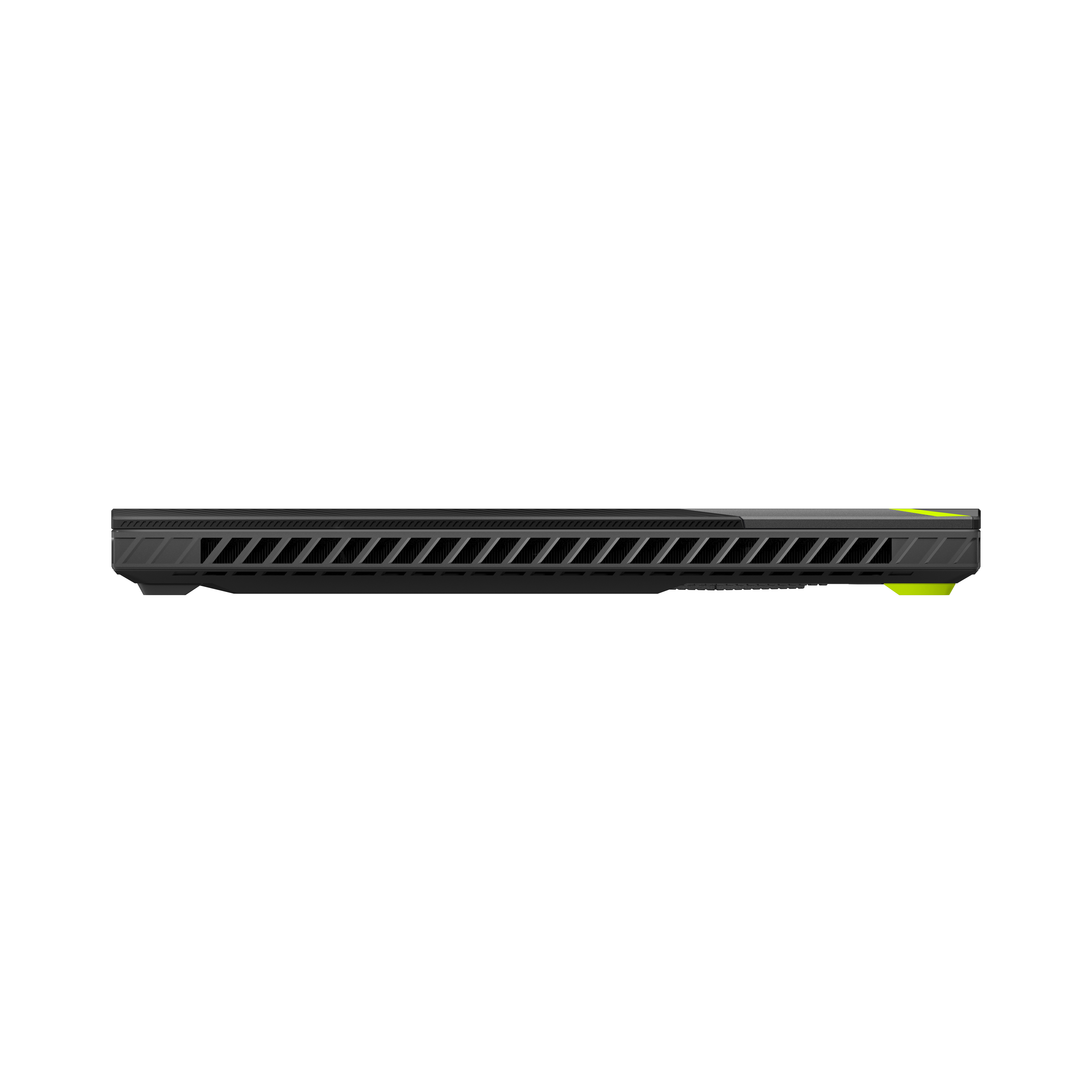 Seitenansicht eines schwarzen Laptops mit Lüftungsschlitzen und einem neongelben Akzent.