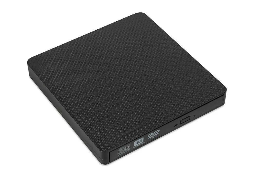Ein tragbares schwarzes externes DVD-Laufwerk mit strukturierter Oberfläche auf weißem Hintergrund.