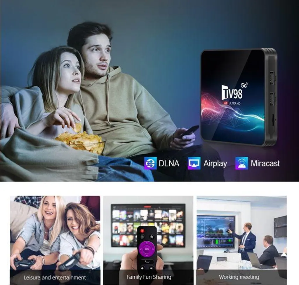 Ein Paar sitzt zusammen beim Fernsehen, daneben eine TV-Box mit DLNA-, Airplay- und Miracast-Symbolen.