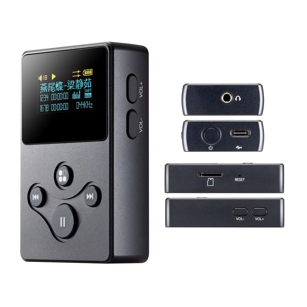 Ein schwarzer digitaler Audioplayer mit Steuertasten, einem kleinen Bildschirm und Ansichten seiner Anschlüsse.