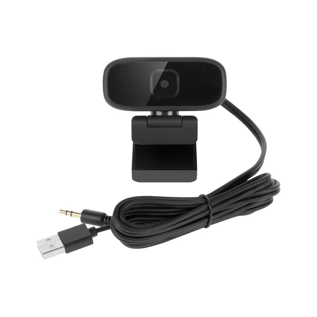 Eine schwarze Webcam mit einem Clip-Ständer und einem angeschlossenen Kabel mit USB- und Klinkenstecker.