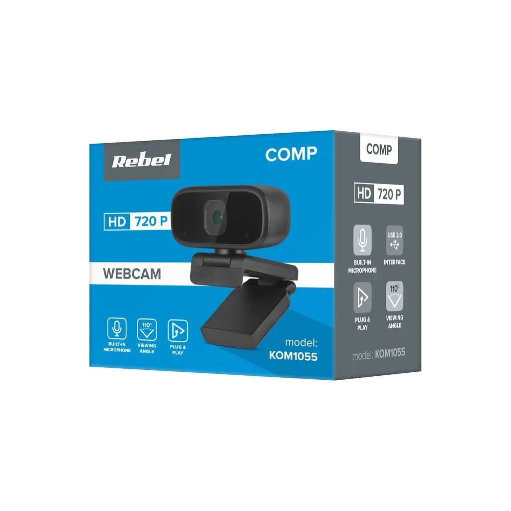 Verpackung einer schwarzen Rebel HD 720p Webcam mit integriertem Mikrofon und Halterung.