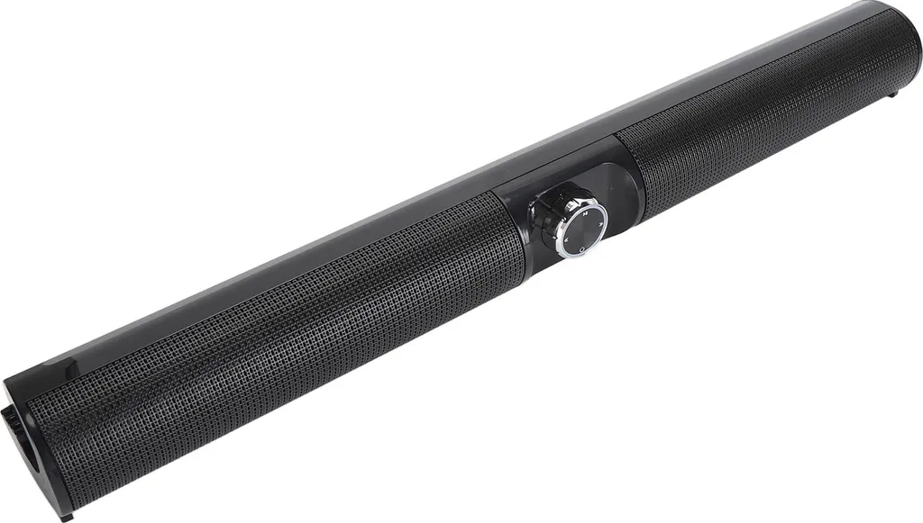 Eine lange schwarze Soundbar mit Metallgitter und Drehknopf in der Mitte auf weißem Hintergrund.