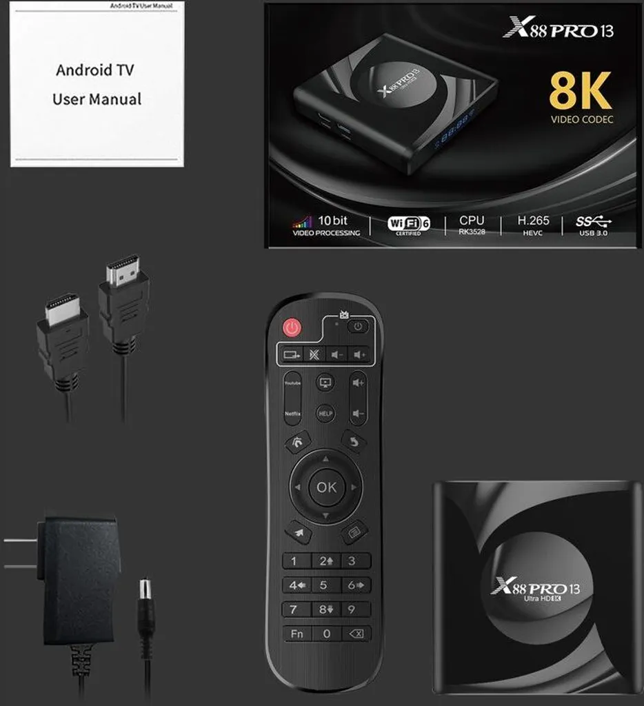 X88 Pro 13 Android TV Box mit Fernbedienung, HDMI-Kabel, Netzteil und Handbuch.