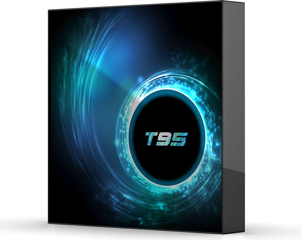 Eine schwarze T95 TV-Box mit leuchtend blauem, abstraktem Wirbelmuster und Logo.