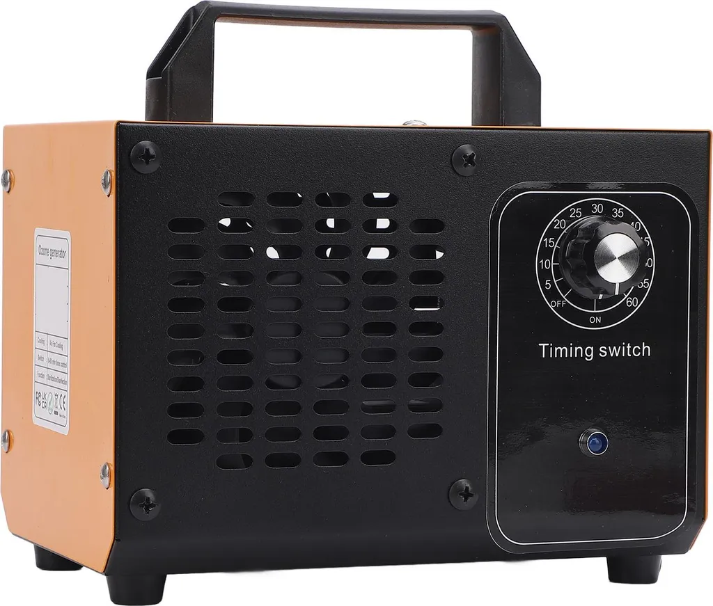 Tragbarer Ozongenerator in Schwarz und Orange mit Lüftungsschlitzen, Drehschalter und schwarzem Tragegriff oben.