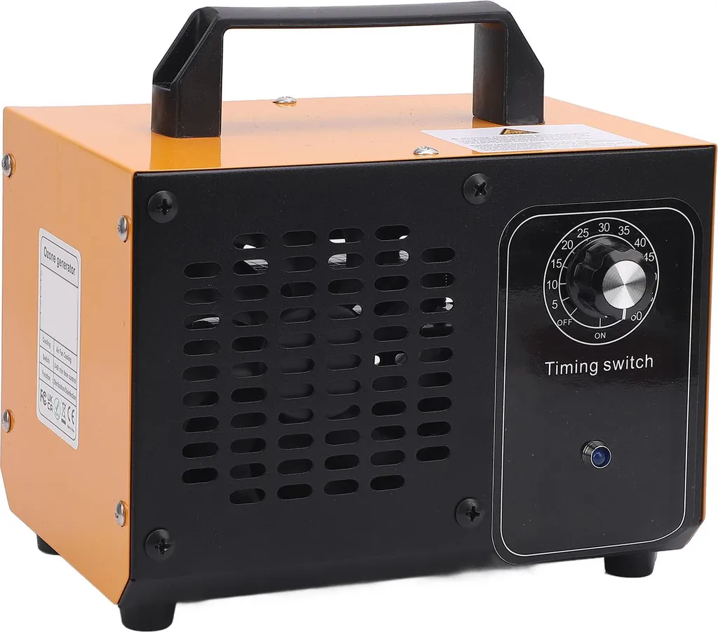 Ein orange-schwarzer Ozongenerator mit Tragegriff, Lüftungsgitter und Zeitschaltuhr-Drehknopf an der Vorderseite.