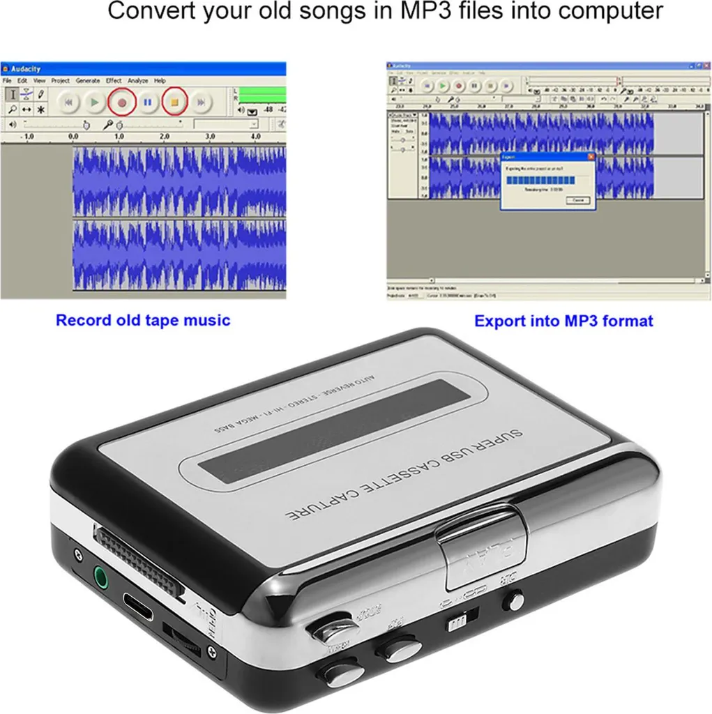 Ein USB-Kassettenrekorder mit Audacity-Software konvertiert Kassetten in MP3.