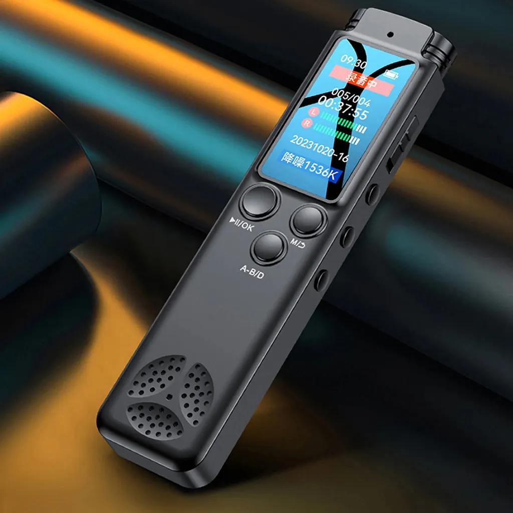 Schwarzer digitaler Diktiergerät mit Display und Tasten vor modernem Hintergrund.
