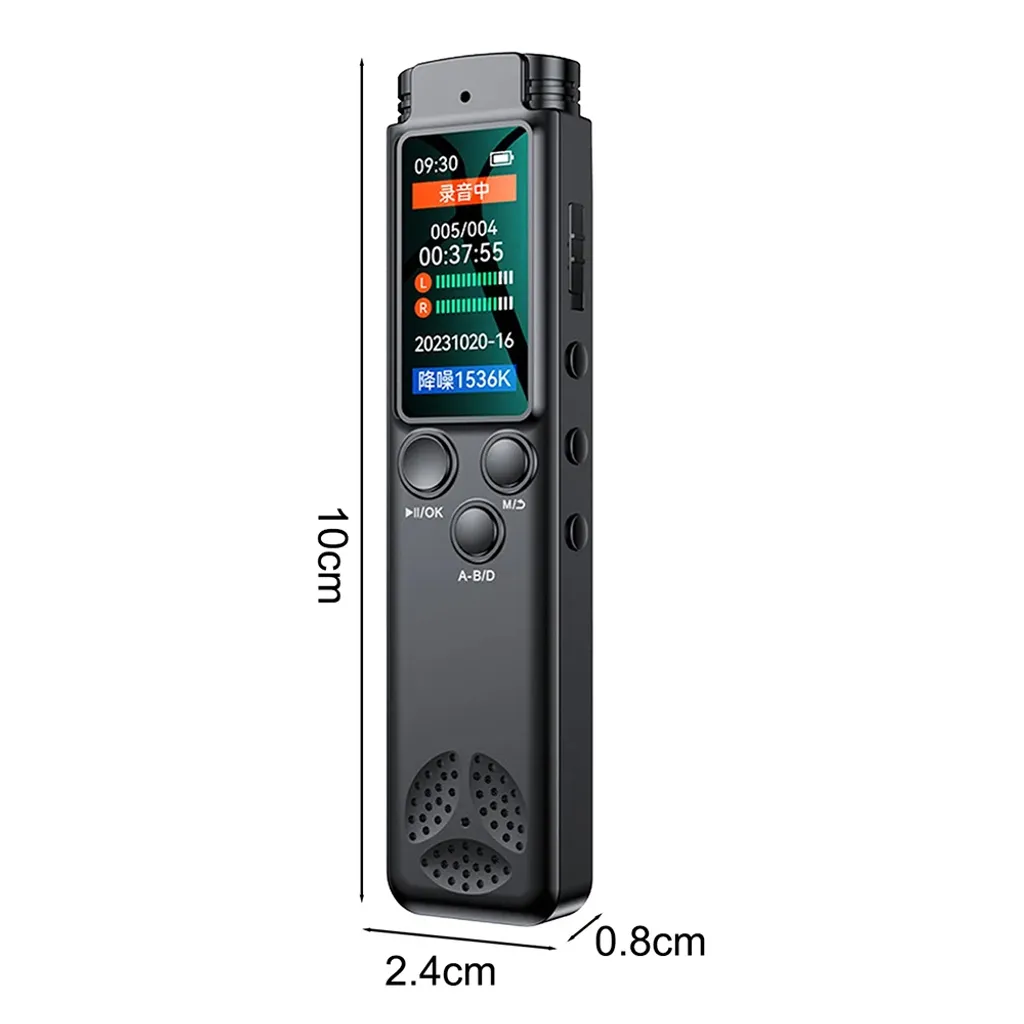 Schwarzer digitaler Diktiergerät mit Display, Tasten und Maßen 10cm x 2.4cm x 0.8cm vor weißem Hintergrund.
