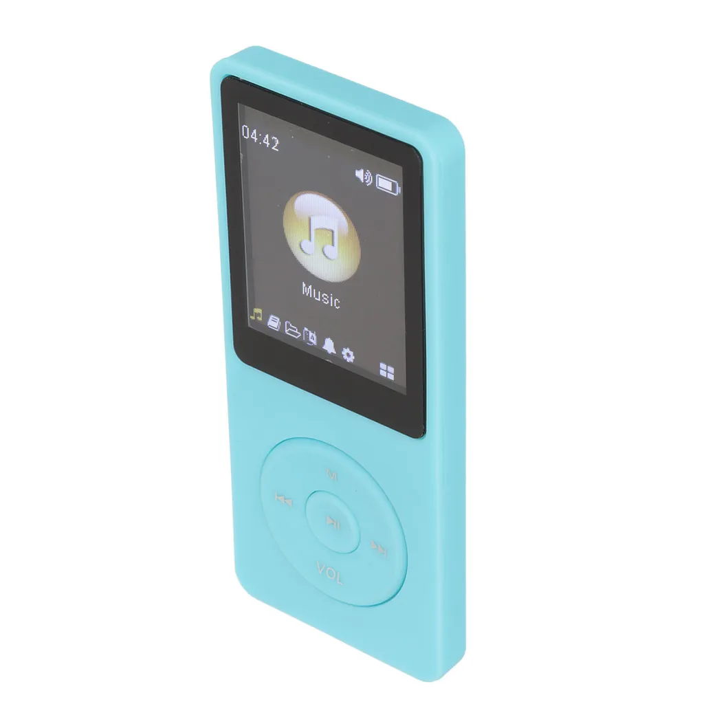 Ein blauer MP3-Player mit Display, Musik-Symbol und kreisrunden Bedientasten auf weißem Hintergrund.