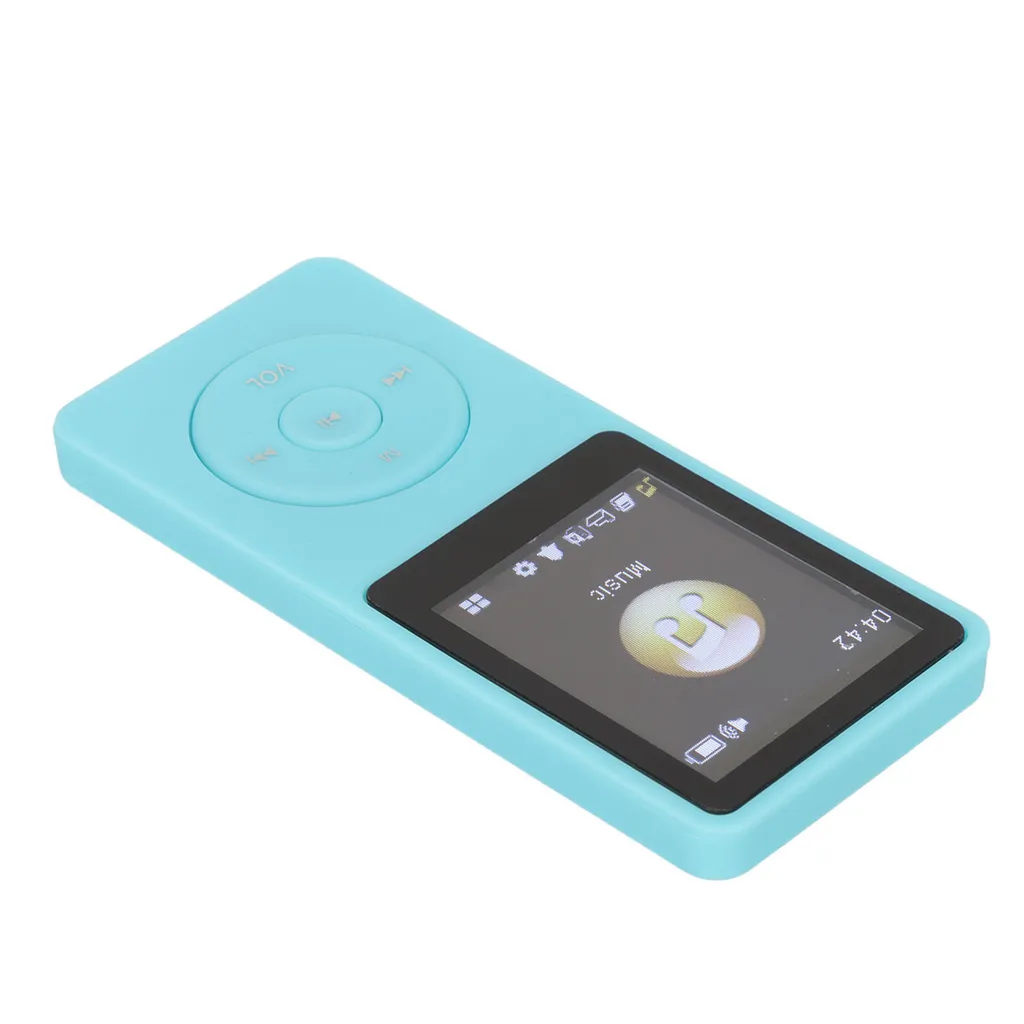 Ein blauer MP3-Player mit runder Steuerungstaste und Farbdisplay auf weißem Hintergrund.