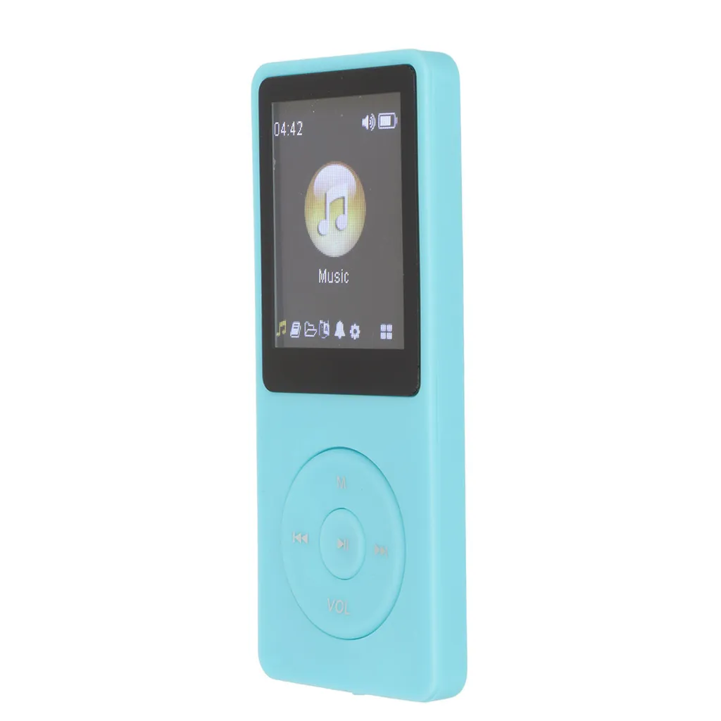 Ein hellblauer MP3-Player mit Farbdisplay und kreisrunden Bedientasten auf weißem Hintergrund.