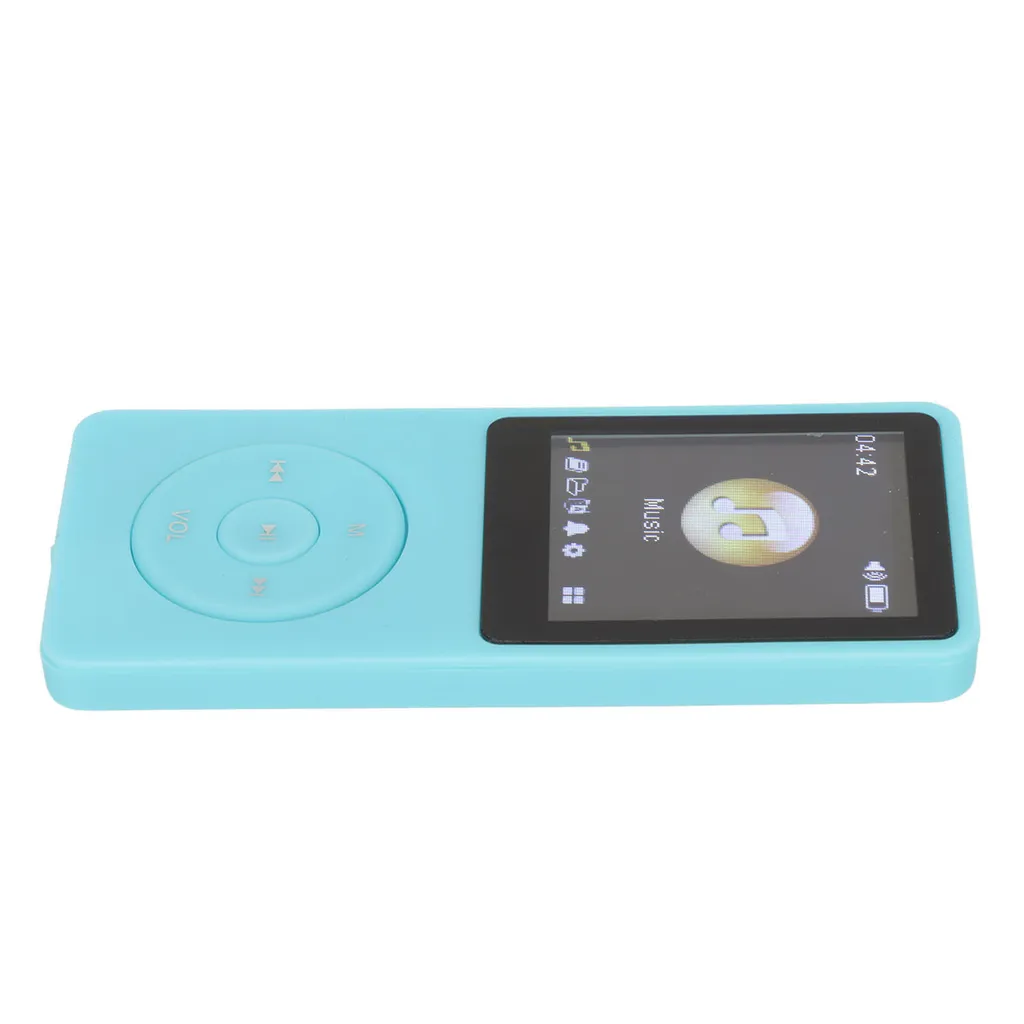 Ein hellblauer MP3-Player mit Display und kreisförmigem Steuerungsfeld auf weißem Hintergrund.