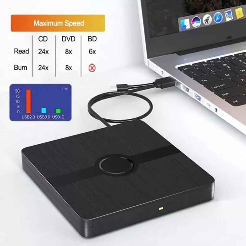 Ein schwarzes externes CD/DVD-Laufwerk ist per USB an einen Laptop angeschlossen, daneben Geschwindigkeitsangaben.