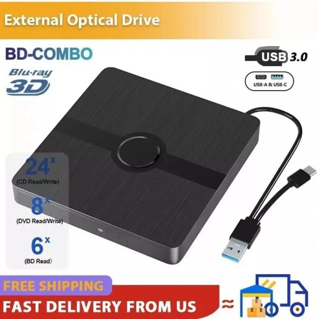 Schwarzes externes Blu-ray-Laufwerk mit USB 3.0-Kabel, Textanzeigen und Versandinformationen.