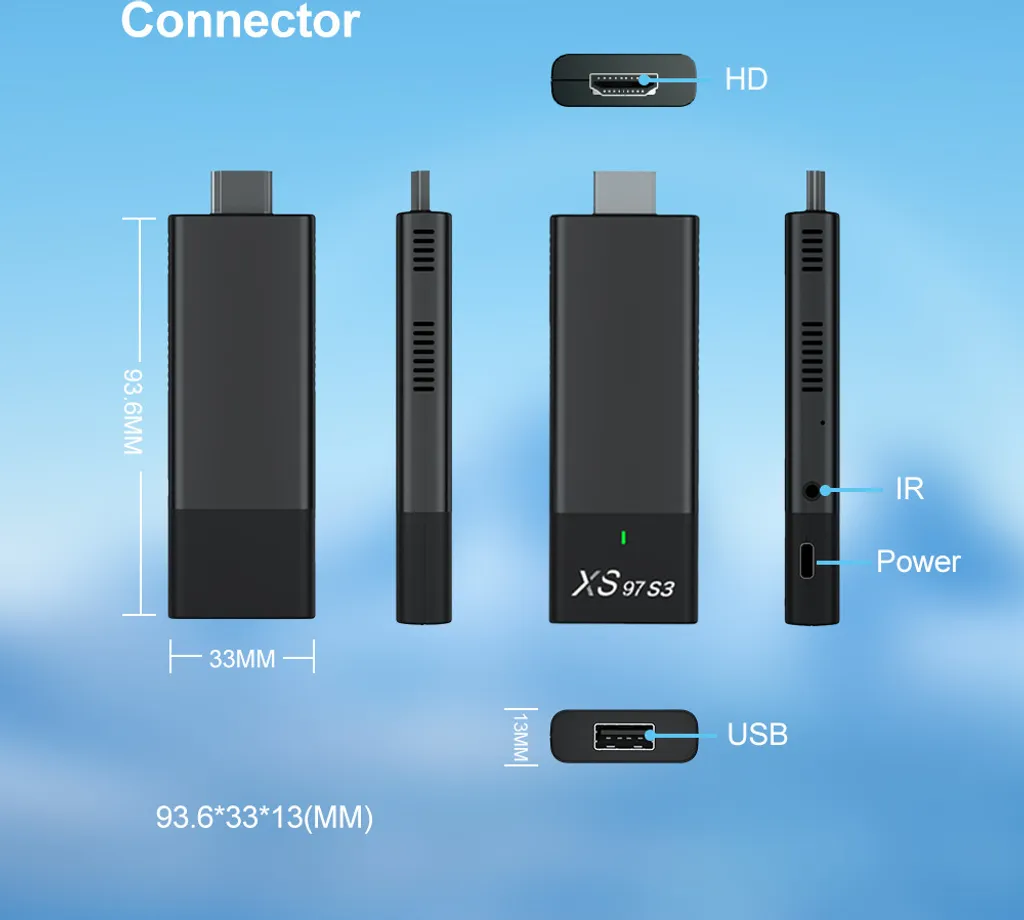 Technische Zeichnung eines schwarzen TV-Sticks mit Abmessungen, Anschlüssen und der Aufschrift XS 97 S3.