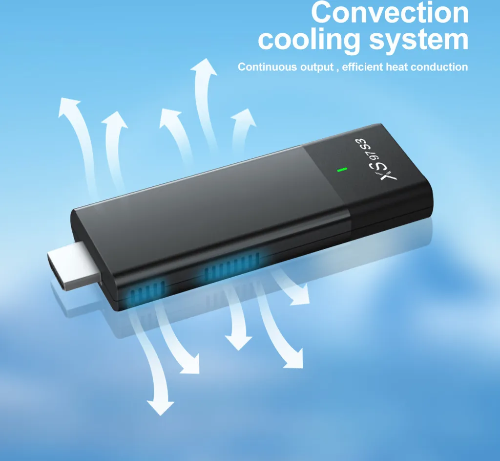 Ein schwarzer USB-Stick mit Konvektionskühlsystem und aufsteigenden Wärmepfeilen vor blauem Hintergrund.